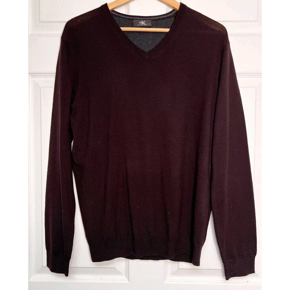 CK Calvin Klein Mens 100% Merino Wool V-Neck Red Sweater Luxury Classic Preppy